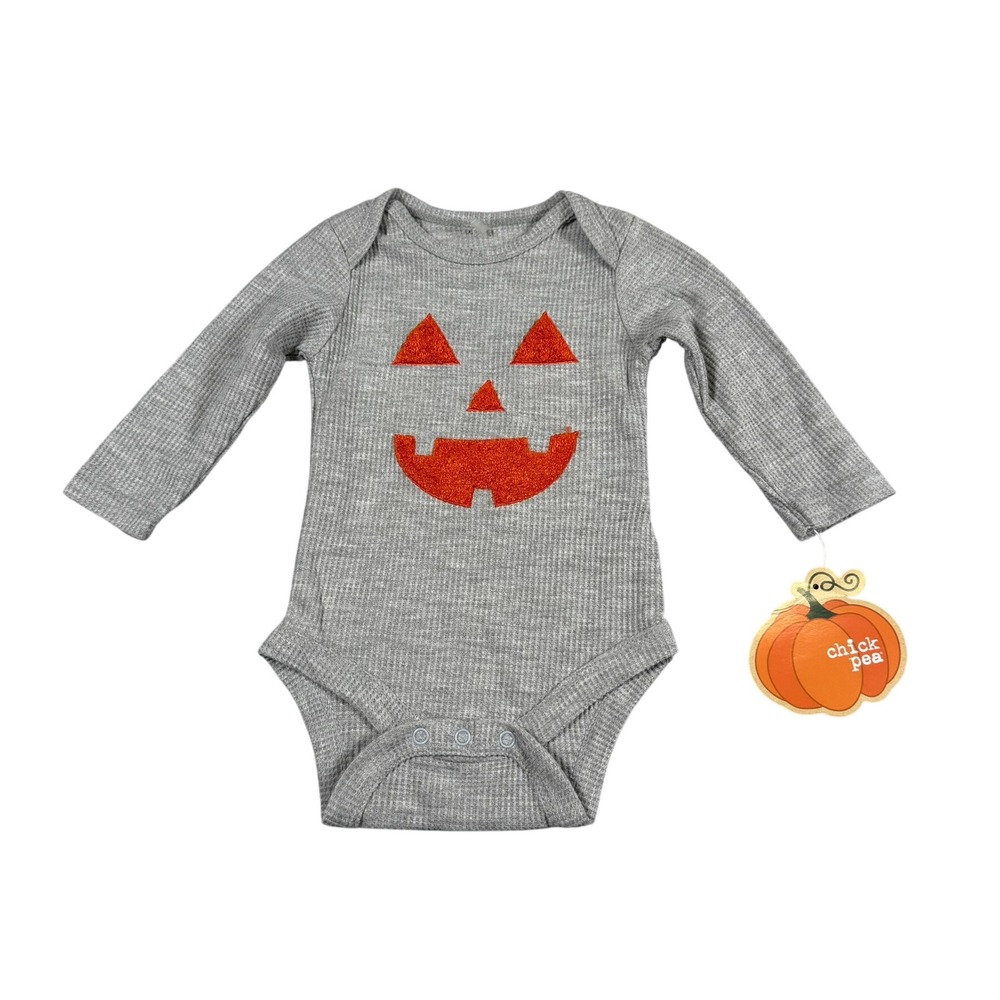 Chick Pea Unisex 0-3M Bodysuit Grey Pumpkin Halloween Waffle Knit Thermal NWT